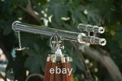 Antique Nautical Floor Standing Brass Chrome Telescope With Wooden Tripod Stand