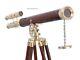 Antique Nautical Floor Standing Brass Telescope With Wooden Tripod Stand