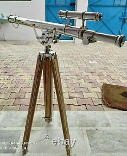 Antique Nautical Floor Standing Brass Telescope With Wooden Tripod Stand 64 Inch