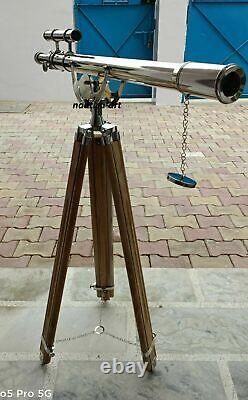 Antique Nautical Floor Standing Brass Telescope With Wooden Tripod Stand 64 Inch