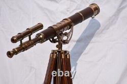 Antique Nautical Floor Standing Brass Telescope With Wooden Tripod Stand GifNM92
