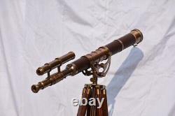 Antique Nautical Floor Standing Brass Telescope With Wooden Tripod Stand GifNM92