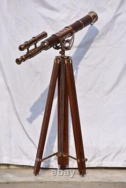 Antique Nautical Floor Standing Brass Telescope With Wooden Tripod Stand GifNM92