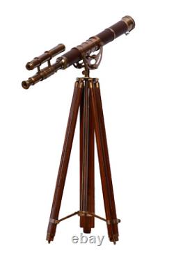 Antique Nautical Floor Standing Brass Telescope With Wooden Tripod Stand GifNM92