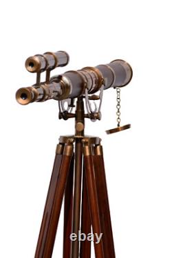 Antique Nautical Floor Standing Brass Telescope With Wooden Tripod Stand GifNM92