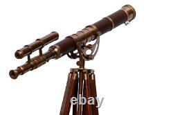 Antique Nautical Floor Standing Brass Telescope With Wooden Tripod Stand GifNM92