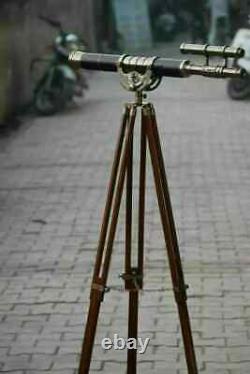 Antique Nautical Floor Standing Brass Telescope With Wooden Tripod Stand Gift