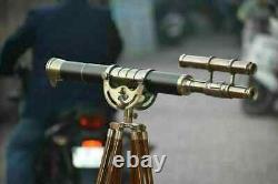 Antique Nautical Floor Standing Brass Telescope With Wooden Tripod Stand Gift