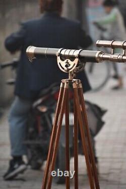 Antique Nautical Floor Standing Brass Telescope With Wooden Tripod Stand Gift CA