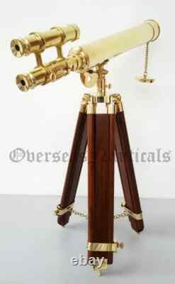 Antique Nautical Floor Standing Telescope Brass 39 With Wooden Tripod Stand