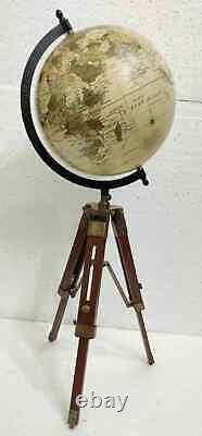Antique Nautical Globe with Wooden Tripod Stand Vintage World Map Table Decor