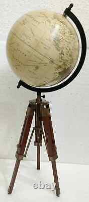 Antique Nautical Globe with Wooden Tripod Stand Vintage World Map Table Decor