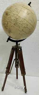 Antique Nautical Globe with Wooden Tripod Stand Vintage World Map Table Decor