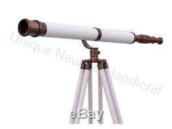 Antique Nautical Solid Brass Telescope with Wooden Tripod Stand Vintage Leather