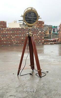 Antique Nautical Spot Light Wooden Tripod Floor Lamp Vintage Marine Searchlight