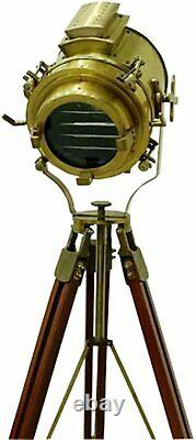 Antique Nautical Spotlight Wooden Tripod Floor Lamp Vintage Searchlight Home