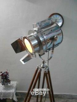 Antique Nautical Spotlight Wooden Tripod Floor Lamp Vintage Searchlight Lamp