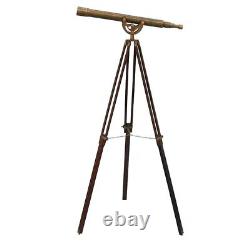 Antique Nautical Telescope Floor Standing Brass With Wooden Tripod Stand TM8