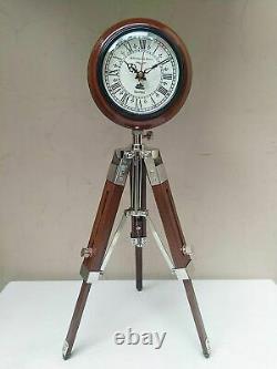 Antique Nautical Tripod Stand Clock Steel Finish Table Clock Vintage Style Wood