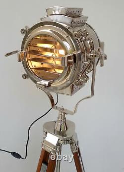 Antique Nautical Vintage Wooden Heavy Tripod Spotlight Big Light Floor Lamp