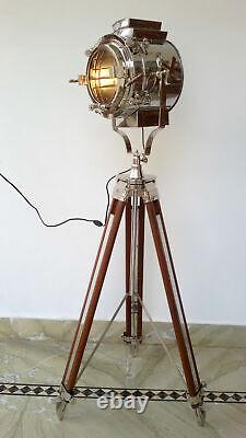 Antique Nautical Vintage Wooden Heavy Tripod Spotlight Big Light Floor Lamp