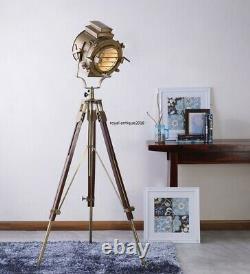 Antique Searchlight Spot Light With Wooden Tripod Floor Lamp Vintage Item