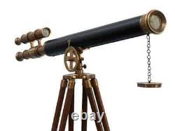Antique Solid Brass Nautical Telescope with Wooden Tripod Stand Vintage Leather