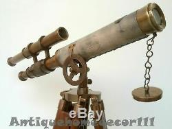 Antique Solid Brass Nautical Telescope with Wooden Tripod Stand Vintage Leather