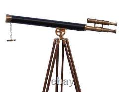Antique Solid Brass Nautical Telescope with Wooden Tripod Stand Vintage Leather