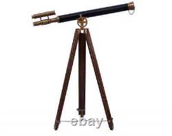 Antique Solid Brass Nautical Telescope with Wooden Tripod Stand Vintage Leather