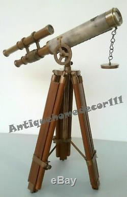 Antique Solid Brass Nautical Telescope with Wooden Tripod Stand Vintage Leather