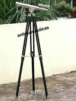 Antique Telescope Maritime Nautical Black Wooden Tripod Stand Pirate Spyglass