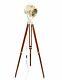 Antique Vintage Brass Search Spotlight Focus Floor Lamp On Wooden Tripod Stand