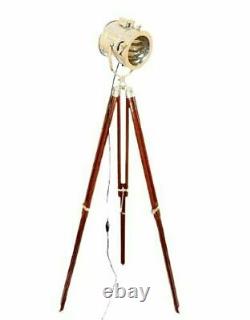 Antique Vintage Brass Search Spotlight Focus Floor Lamp on Wooden Tripod Stand