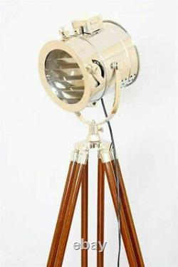 Antique Vintage Brass Search Spotlight Focus Floor Lamp on Wooden Tripod Stand