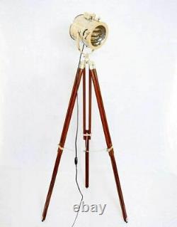 Antique Vintage Brass Search Spotlight Focus Floor Lamp on Wooden Tripod Stand