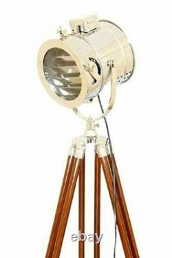 Antique Vintage Brass Search Spotlight Focus Floor Lamp on Wooden Tripod Stand