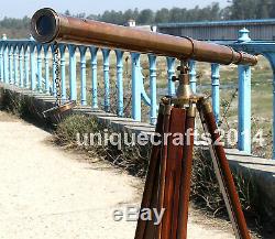 Antique Vintage Brass Spyglass Nautical Telescope With Wooden Tripod Stand Decor