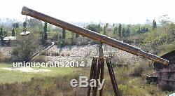 Antique Vintage Brass Spyglass Nautical Telescope With Wooden Tripod Stand Decor