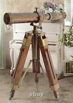 Antique Vintage Brass Telescope with Wooden Tripod US Navy Marine Collectible gift