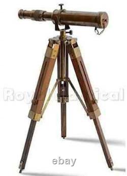 Antique Vintage Brass Telescope with Wooden Tripod US Navy Marine Collectible gift