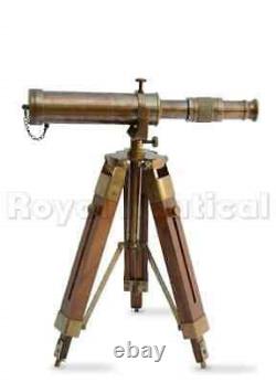 Antique Vintage Brass Telescope with Wooden Tripod US Navy Marine Collectible gift