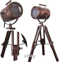 Antique Vintage Desktop Searchlight Adjustable Wooden Tripod Lamps LED Tabletop