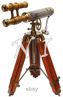 Antique Vintage Double Barrel Scope Leather & Brass Telescope Wooden Tripod Gift