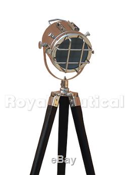 Antique Vintage Finish Nautical Tripod Floor Lamp Spotlight Wooden Searchlight