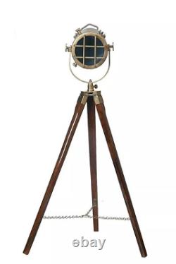 Antique Vintage Lamp Spotlight Wooden Tripod Stand Searchlight Lamp Home Decor