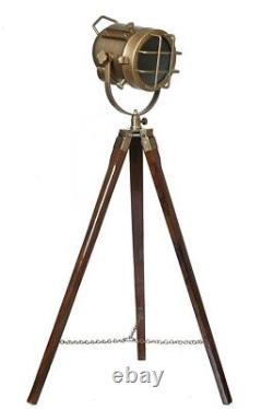 Antique Vintage Lamp Spotlight Wooden Tripod Stand Searchlight Lamp Home Decor