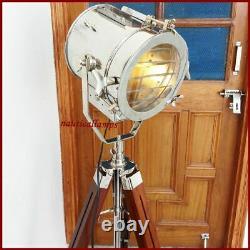Antique Vintage Mid Century Search light Shade Lamp Timber Tripod Floor Lamp