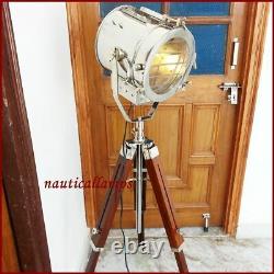 Antique Vintage Mid Century Search light Shade Lamp Timber Tripod Floor Lamp