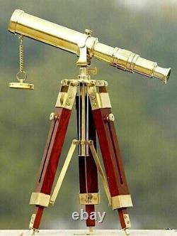 Antique Vintage Solid Brass Telescope with Wooden Tripod Stand Office Decorative